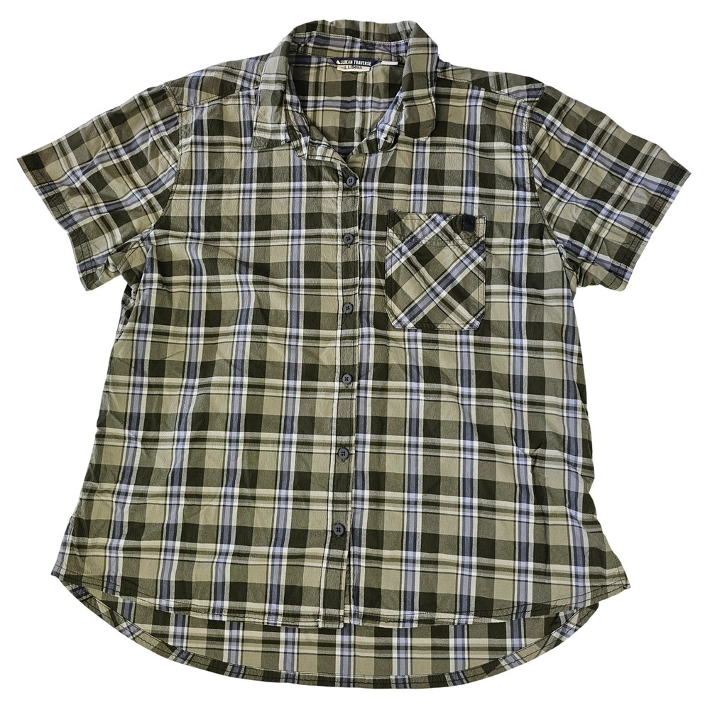 LL Bean Traverse Women's Large Olive Green Plaid Short Sleeve Button Down Shirt